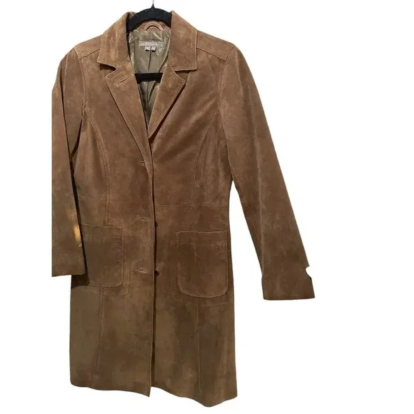 Isabella Bird Brown Genuine suede Leather Button Front Trench Coat Size XS - Picture 3 of 10